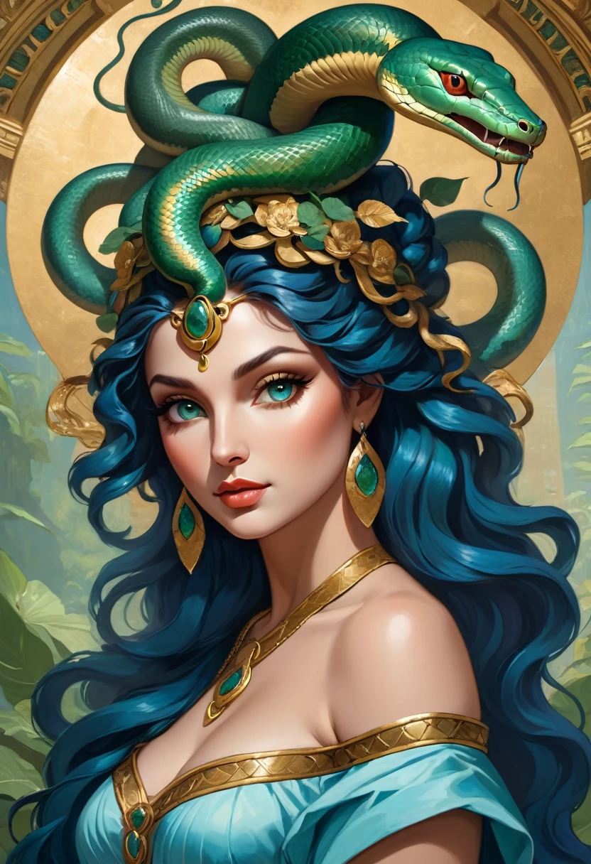 close-up of a painting of a woman with a snake on her head, goddess portrait осьминога, Portrait of Medusa, goddess portrait, Portrait of the Scorpion Goddess, Portraiture of Medusa, goddess portrait, goddess portrait крупным планом, portrait of a beautiful goddess, a stunning goddess portrait, Beautiful female gorgon, Cheats Vata