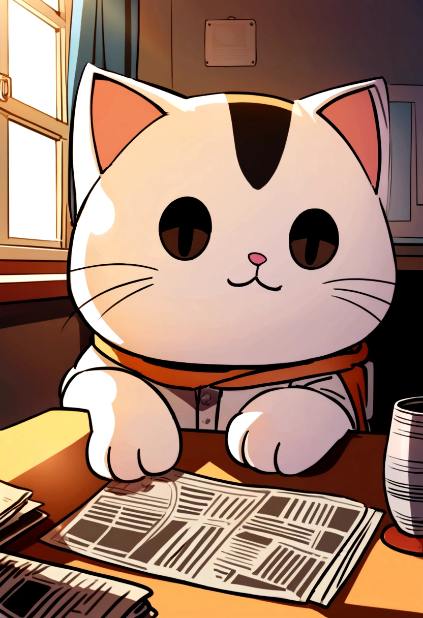 A cute cat with round eyes,read the newspaper, Sunlight outside the window、Spammermask on a desk