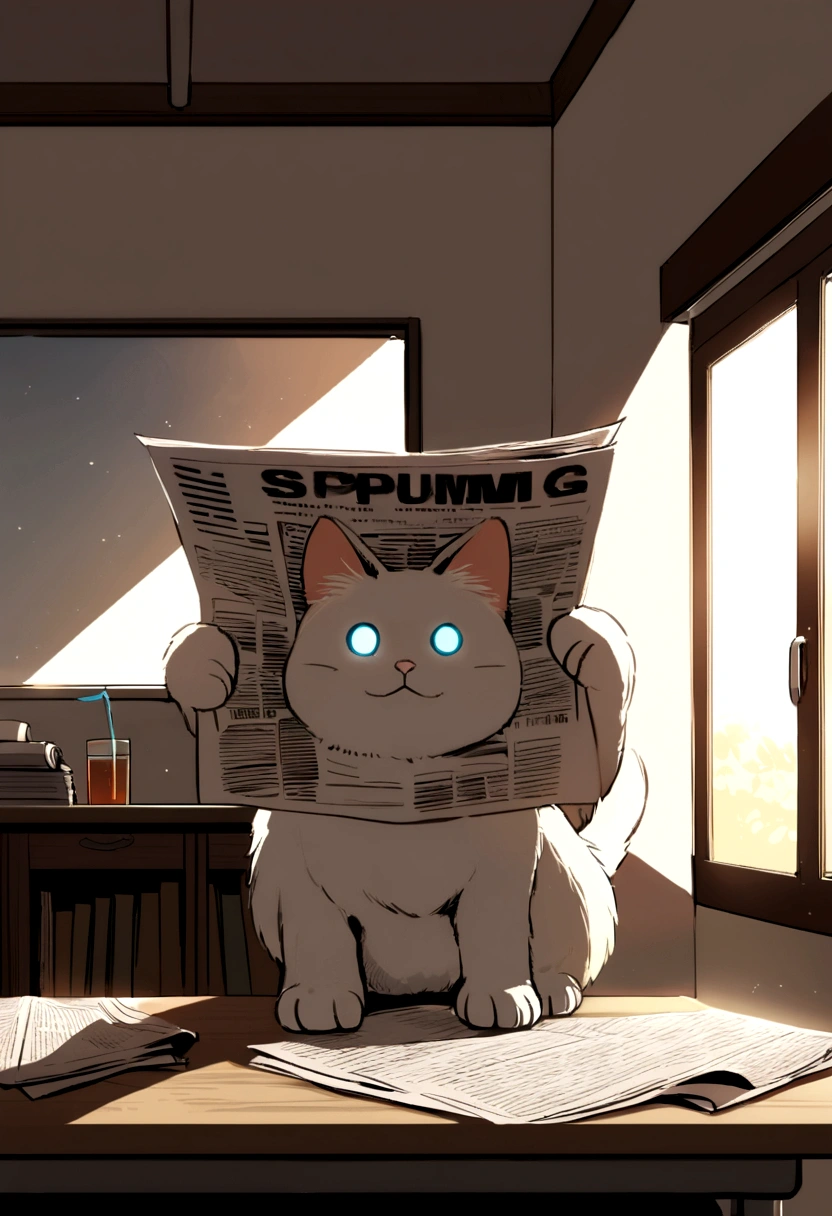 A cute cat with round eyes,read the newspaper, Sunlight outside the window、Spammermask on a desk