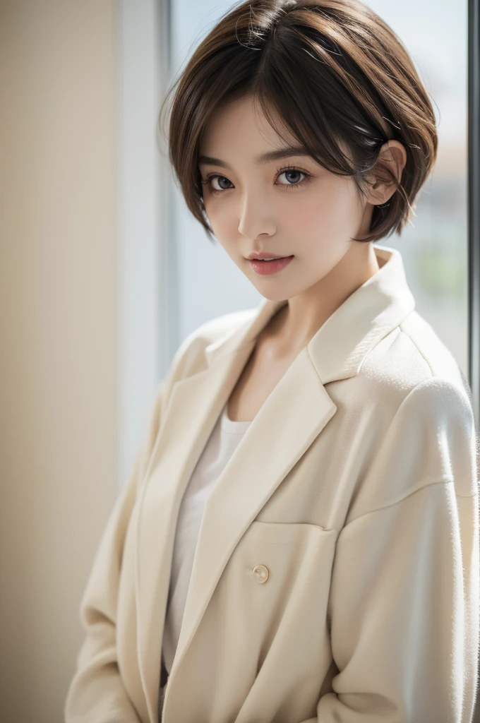 realistic light,natural light,white background,최고 quality、8 thousand、32,000、masterpiece、uhd:1.2) quality, primitive photorealism, laugh, Beautiful girl, cute, Short hair, depth of field, high resolution, ultra detail, Highly detailed eyes and face,small eyes,Short hair,short cut,short hair,Ivory Jacket