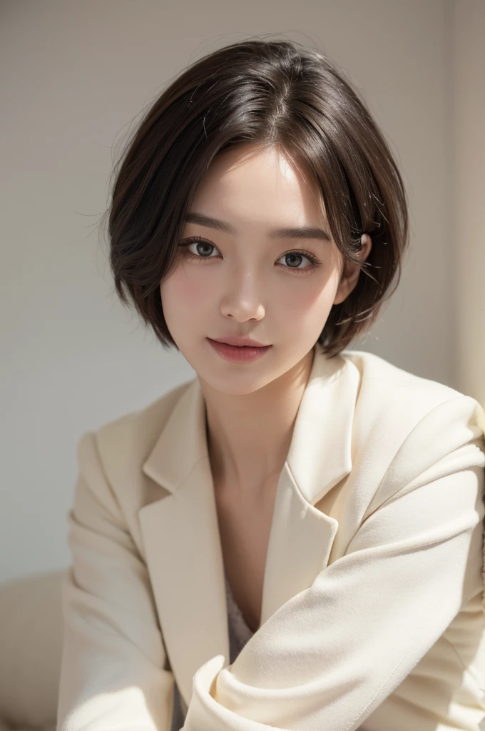 realistic light,natural light,white background,최고 quality、8 thousand、32,000、masterpiece、uhd:1.2) quality, primitive photorealism, laugh, Beautiful girl, cute, Short hair, depth of field, high resolution, ultra detail, Highly detailed eyes and face,small eyes,Short hair,short cut,short hair,Ivory Jacket