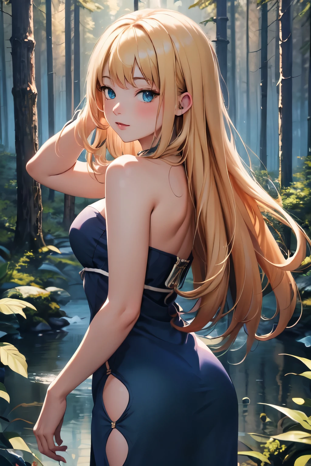 ((best quality, high quality, masterpiece, highres)), ruri, 1girl, solo, blue dress, dress, strapless, bare shoulders, cowboy shot, (forest:1.2), looking at viewer, looking back,solo, posing for picture, seductive, perfect lighting, perfect shadows, Blushing,