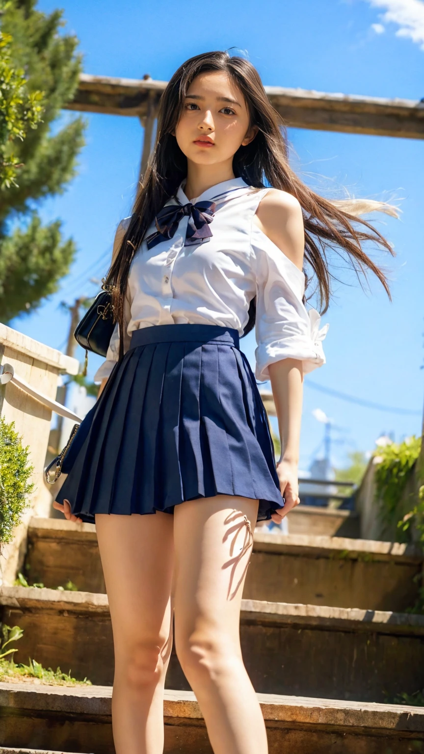 ((Viewing angle from below、Highest quality、masterpiece、32k、Every detail))、Descend the outdoor stairs、commute、Systemic manifestations、Traditional navy blue sailor uniform、White blouse、Pleated skirt、(((A strong wind blows my hair and skirt away:1.62)))、((I always carry the shoulder strap of my bag across my body..:1.22))、One Girl, alone、(((mini skirt, No underwear:1.22)))、Big Breasts、barefoot, High heels