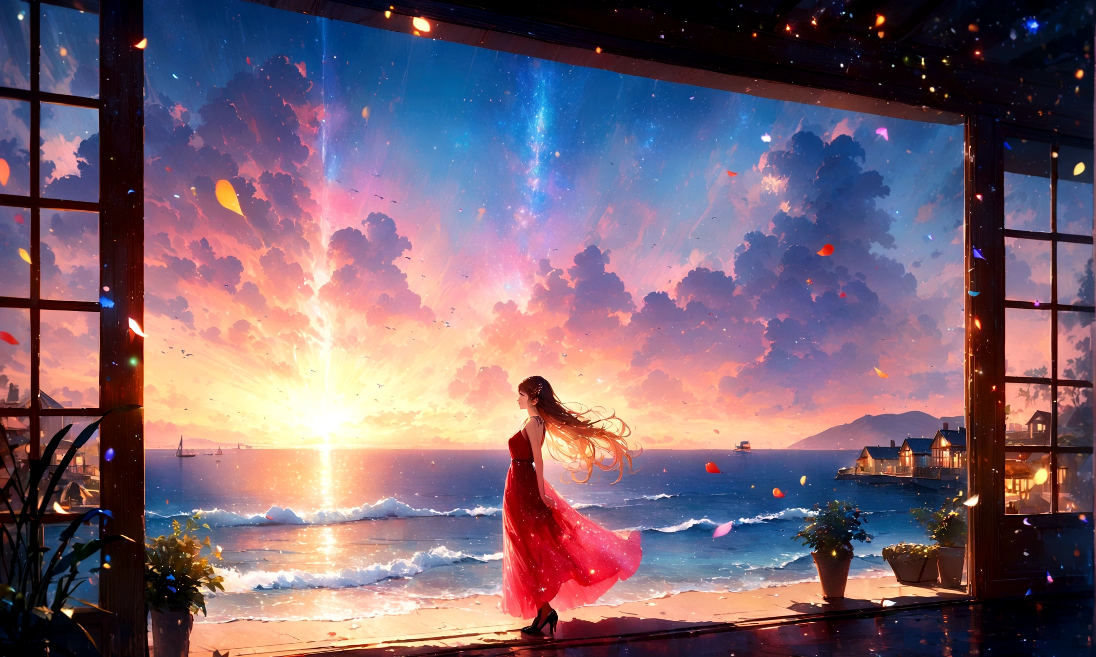 Holiday Homes, Large windows and beautiful views,Inside the room,Blur the background,Pleasant sea breeze,Glitter effect,Highest quality, 8K, High resolution, masterpiece:1.2, Very detailed, Realistic:1.37, High resolution, 超High resolution, Ultra-fine painting, Very detailed, Professional, Vibrant colors