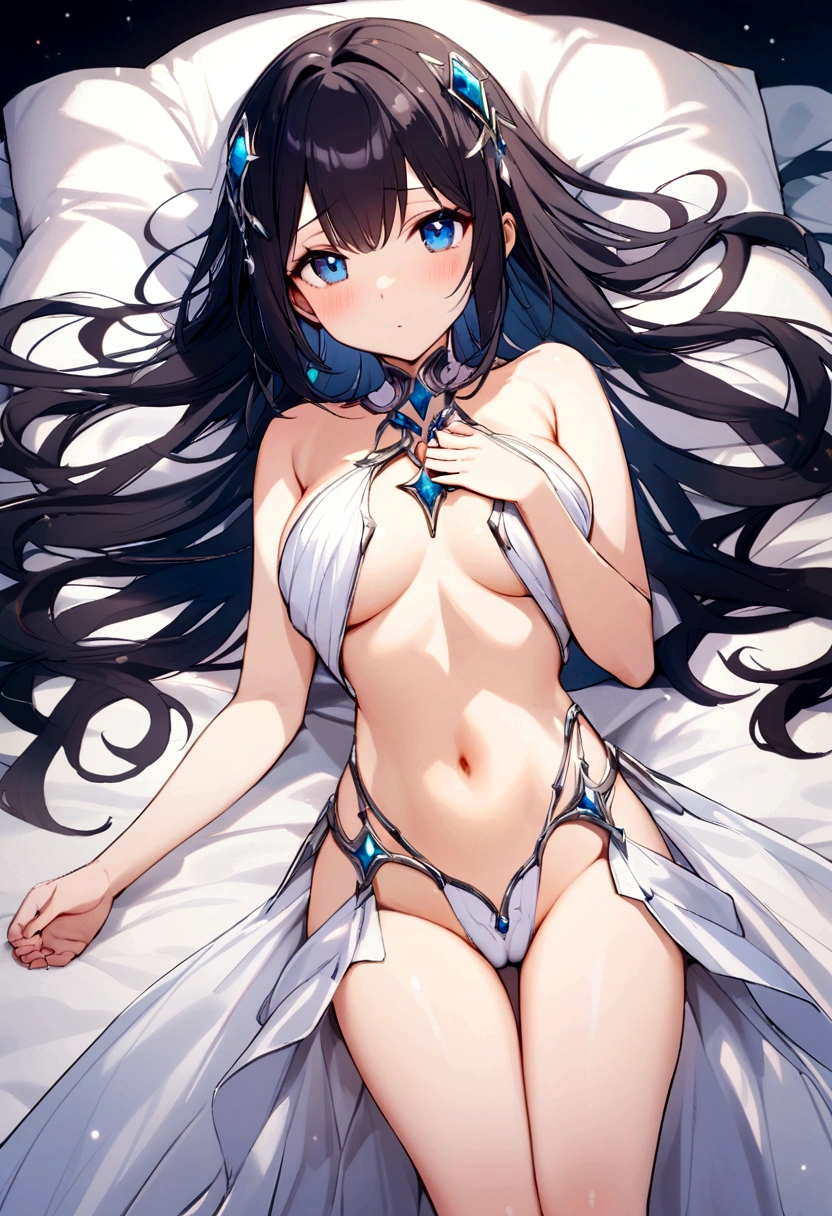 Girl without clothes lying down black hair blue eyes crotch 