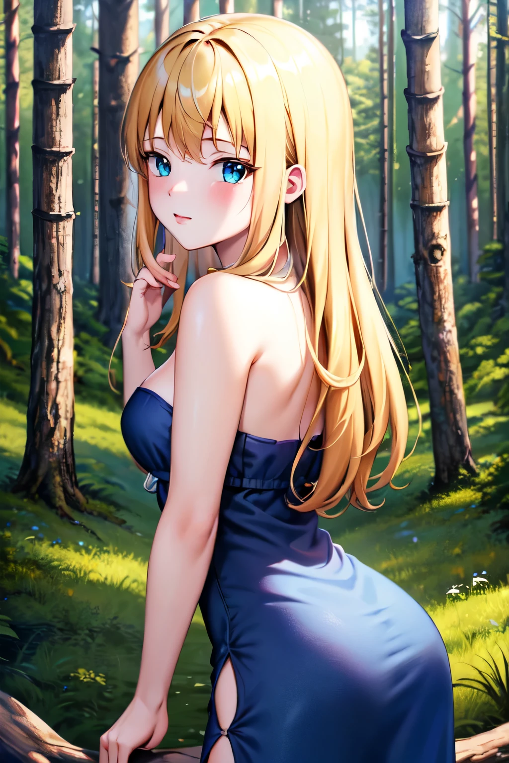 ((best quality, high quality, masterpiece, highres)), ruri, 1girl, solo, blue dress, dress, strapless, bare shoulders, cowboy shot, (forest:1.2), looking at viewer,  looking back,solo, posing for picture, seductive, perfect lighting, perfect shadows, Blushing, 