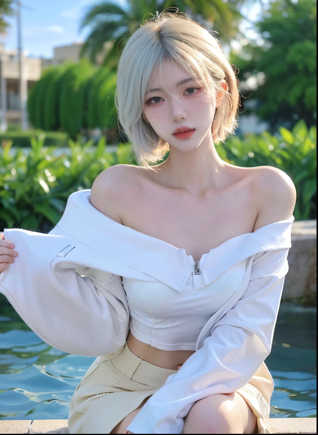 Beautiful woman with perfect figure:1.4,Swimming background,Desert Background,Ultra-high resolution,Seductive laughter,wear glasses,White legs,(lifelike:1.4),Layered Hairstyle,White皮肤,Black mini pleated skirt,whole body,Very delicate face and skin texture,Double eyelids,Skin Whitening,Long hair,White hair,White,