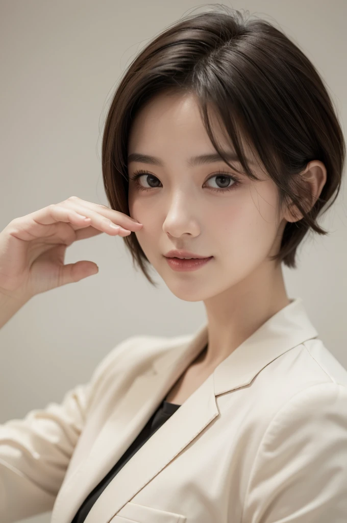 realistic light,natural light,white background,최고 quality、8 thousand、32,000、masterpiece、uhd:1.2) quality, primitive photorealism, laugh, Beautiful girl, cute, Short hair, depth of field, high resolution, ultra detail, Highly detailed eyes and face,small eyes,Short hair,short cut,short hair,Ivory Jacket