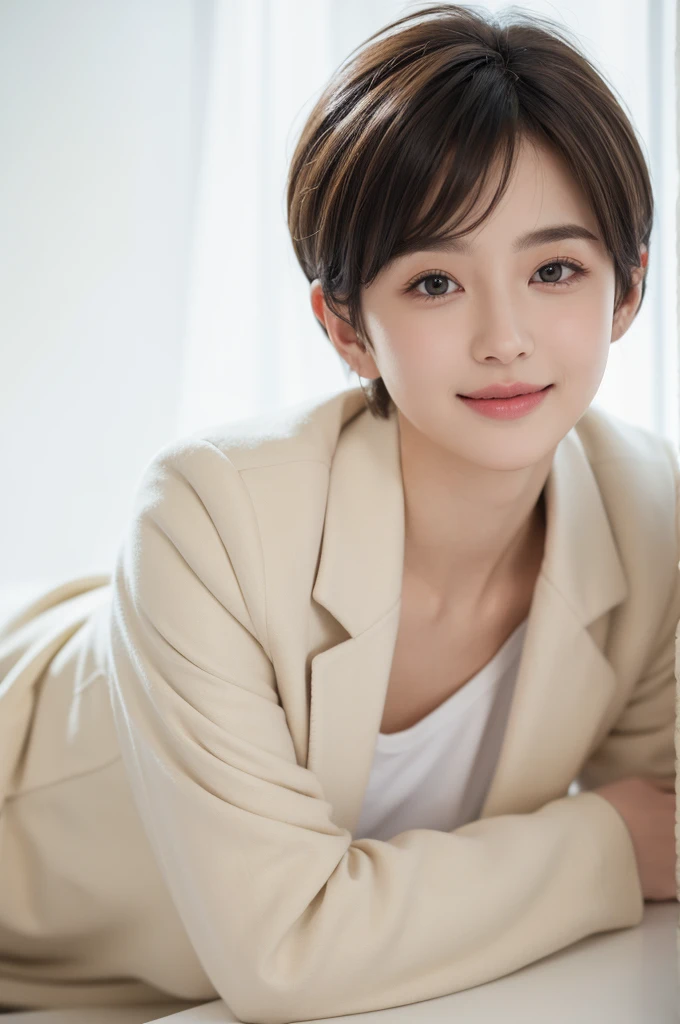 realistic light,natural light,white background,최고 quality、8 thousand、32,000、masterpiece、uhd:1.2) quality, primitive photorealism, laugh, Beautiful girl, cute, Short hair, depth of field, high resolution, ultra detail, Highly detailed eyes and face,small eyes,Short hair,short cut,short hair,Ivory Jacket