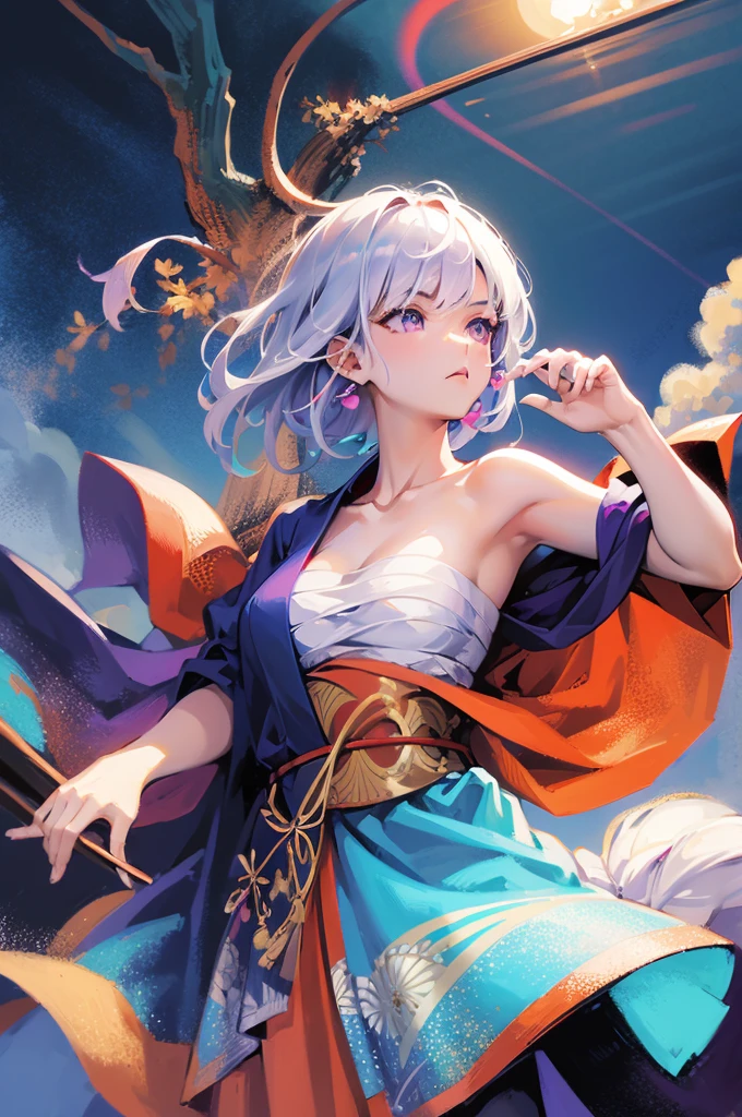 (masterpiece, Highest quality, Dutch Angle)(One girl, alone)(Gray Hair,Purple eyes,Straight Long Hair)(sarashi,kimono,One Shoulder、Wear one kimono:1.4、One shoulder exposed)(Serious expression, Woman with a sword:1.3、Floating Hair)(Cherry tree、dead tree、Mystical Night、Particles of light float around the woman、Space for fantasy)