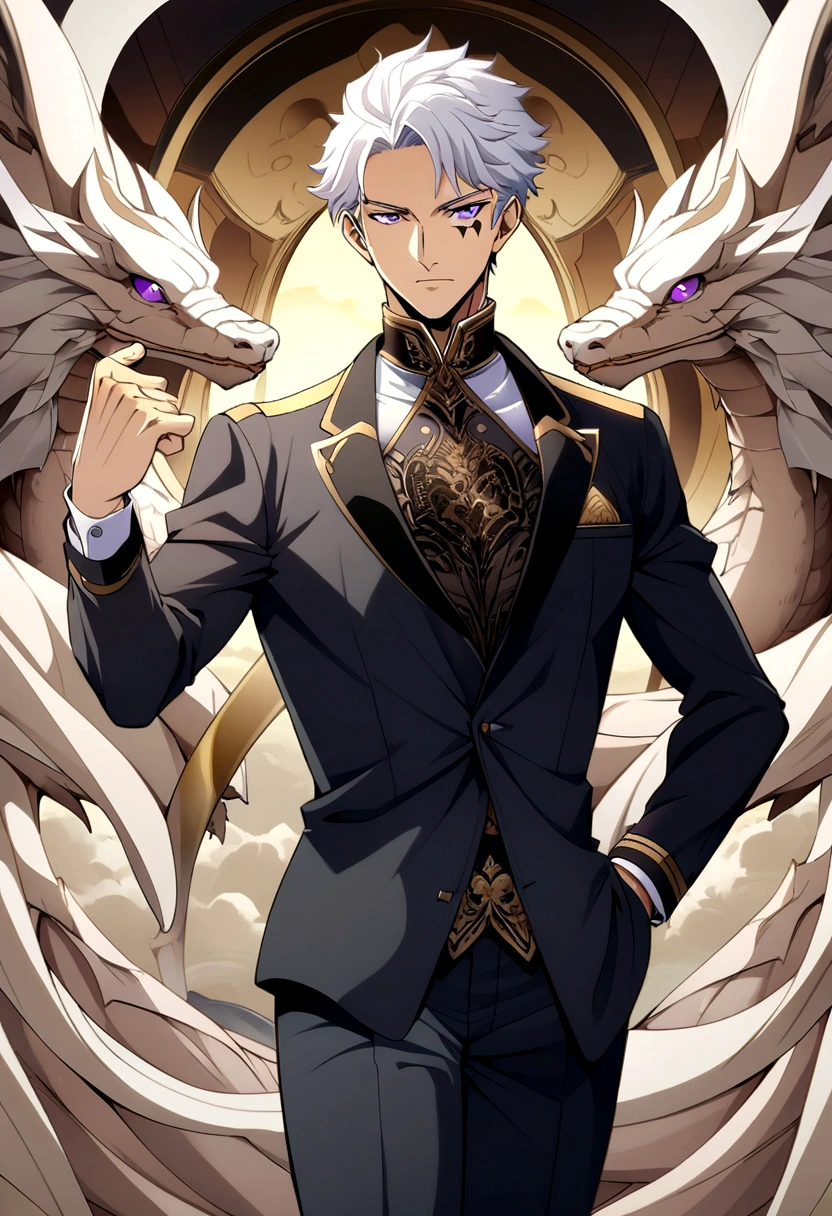 *anime style, male, white hair, purple eyes, short hair, handsome, captain, neck-black-tattoo-rose-and-dragon, suit, free, noble image*