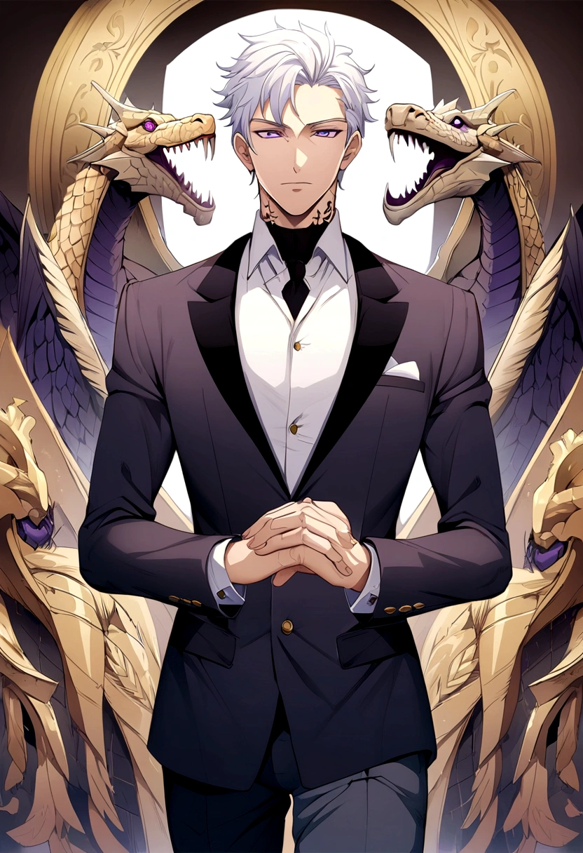 *anime style, male, white hair, purple eyes, short hair, handsome, captain, neck-black-tattoo-rose-and-dragon, suit, free, noble image*