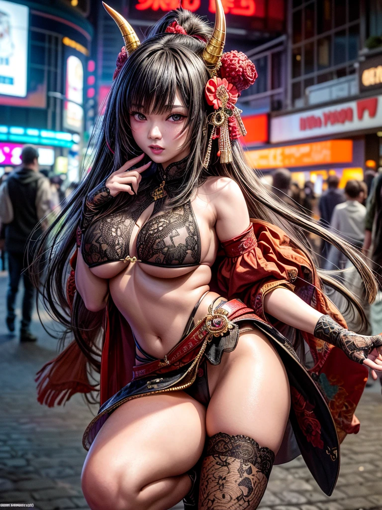 (masterpiece, cinematic photograph capturing the bustling streets of Shibuya, Japan, adorned with a procession of "oni" - traditional Japanese demons, parading through the night under the gaze of the intrigued crowd:1.3), (meticulously composed to convey the dynamic energy of the scene and the mystique of the "oni" creatures:1.2), (the intricate details of the "oni" costumes and the expressions of the people in the crowd adding depth to the visual narrative:1.1), (meticulous attention given to the neon-lit surroundings and the vivid contrast ween the "oni" and the modern cityscape:1.1), (the chosen camera, a Canon EOS 5D Mark IV, renowned for its low-light performance, effectively capturing the vibrant atmosphere of the scene:1.1), (paired with a Canon EF 24-70mm f/2.8L II USM lens, allowing for versatility and sharpness in the wide-angle composition:1.1), (a portrayal that evokes a sense of enchantment and cultural fusion in the heart of a bustling city:1.1), (an image that invites viewers to immerse themselves in the urban fantasy and explore the intersection of tradition and modernity:1.1), (an artwork that encapsulates the vibrant nightlife of Shibuya and the captivating allure of the "oni" parade:1.1), (an invitation to witness a unique blend of myth and reality, captured in a cinematic frame:1.1), (a photographic journey that transports the audience to the lively streets of Tokyo's most iconic district:1.1)), Cinematic, Hyper-detailed, instails, Beautifully color graded, Unreal Engine, DOF, Super-Resolution, Megapixel, Cinematic Lightning, Anti-Aliasing, FKAA, TXAA, RTX, SSAO, Post Processing, Post Production, Tone Mapping, CGI, VFX, SFX, Insanely ed and intricate, Hyper maximalist, Hyper realistic, Volumetric, Photorealistic, ultra photoreal, ultra-detailed, intricate details, Super detailed, Full color, Volumetric lightning, HDR, Realistic, Unreal Engine, 16K, Sharp focus, Octane render