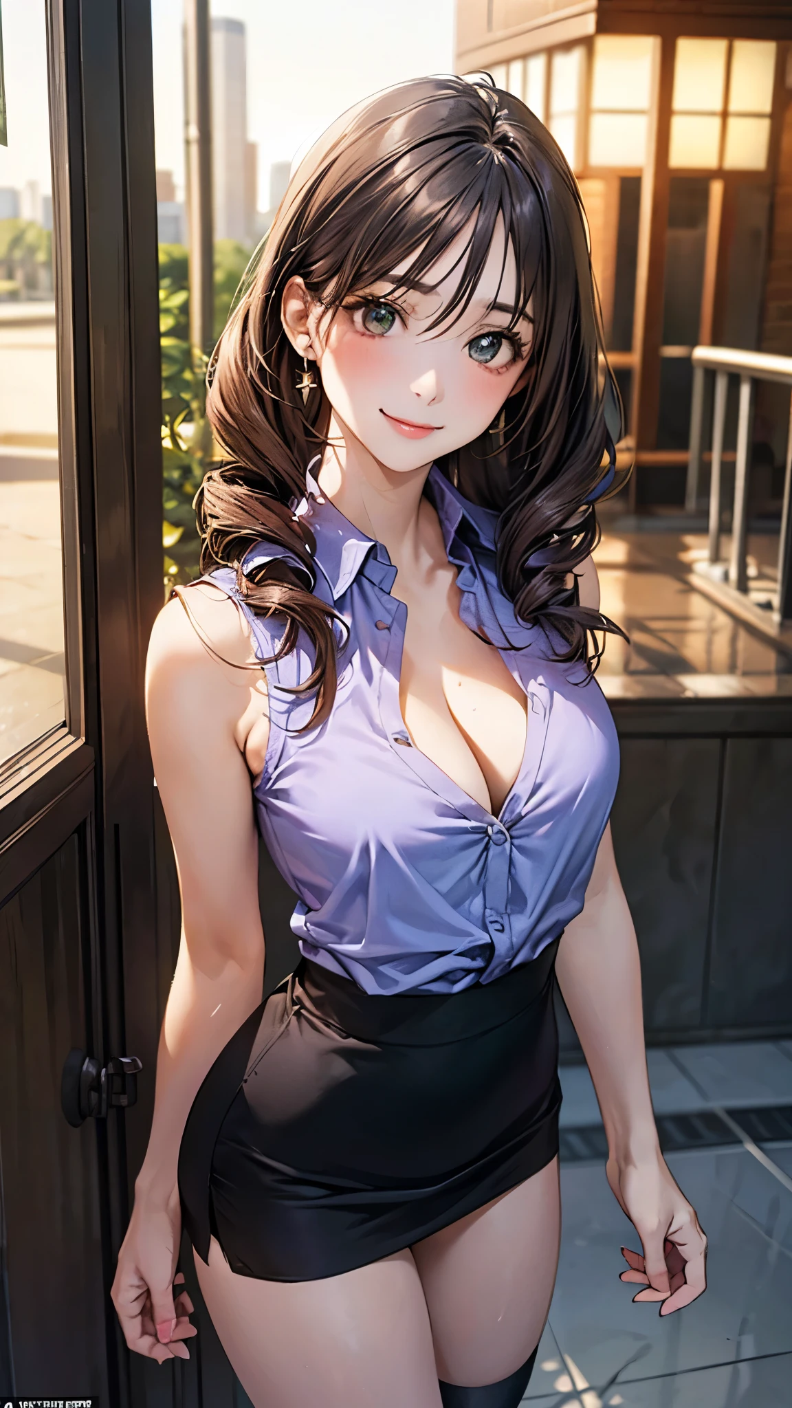 (masterpiece:1.2, Highest quality), (Realistic, photoRealistic:1.4), Beautiful illustrations, (Natural Side Lighting, Cinema Lighting),
View your audience, Cowboy Shot, Front view:0.6, 1 Girl, Japanese, high school girl, Perfect Face, Cute and symmetrical face, Shiny skin,
(Long Hair:1.8, Drill Hair:1.7, Dark brown hair), Hair between the eyes, Emerald green eyes, Long eyelashes, (Large Breasts:0.9, Thick thighs),
Beautiful Hair, Beautiful Face, Beautiful attention to detail, Beautiful clavicle, Beautiful body, Beautiful breasts, Beautiful thighs, Beautiful legs, Beautiful fingers,
((Light purple sleeveless collared shirt, Cleavage, Black tight mini skirt, High heels)), Pink Panties,
(Beautiful views), evening, Riverside, walking, Please place your hand on your chest, (Cute Smile, Upward glance),