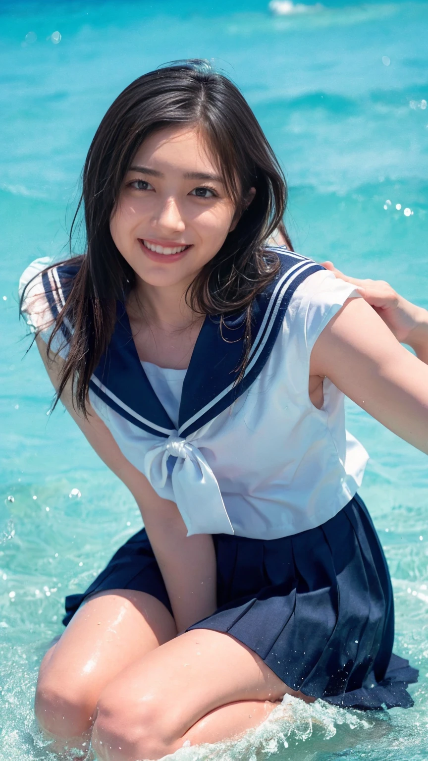 (((sunny day、Japanese 、Beach、A strong wind is blowing、Her hair and skirt are flying、Crouch down, Scooping up seawater and spreading your hands、Traditional navy blue sailor uniform、White blouse、Pleated skirt、Scooping seawater with hands:1.25、splash、Splashing water on each other、smile、Laughter、Sandy Beach、Light of the sun、clear blue sea、The waves crash quietly、Blue sky and white clouds、green mountain々、Beautiful Nature、The joys of youth)))、(((Top-down configuration:1.33)))、(((8K、Highest quality、masterpiece、Ultra-high resolution)))、(Realistic:1.4)、RAW Photos、(Real skin texture:1.3)、(Film Grain:1.3)、((No underwear、Bend one leg))、One Girl、Beautiful and detailed eyes and face、barefoot、