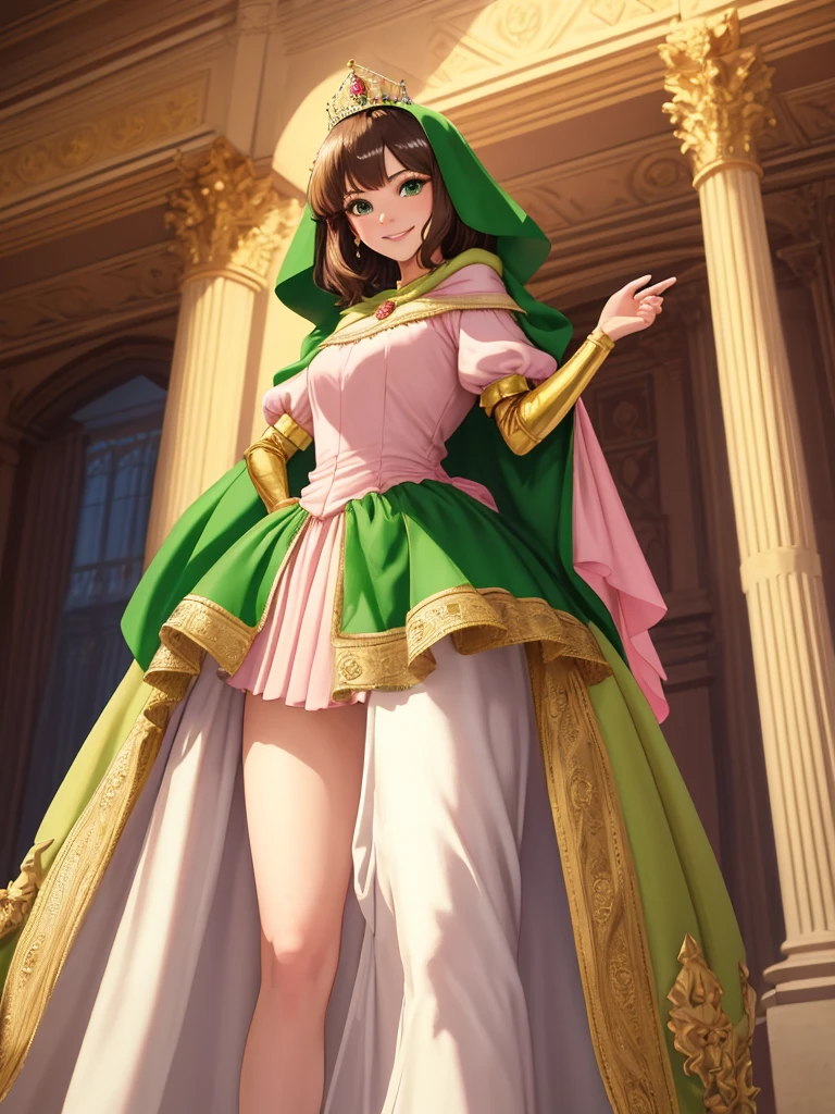 masterpiece, best quality:1.2), 1girl, smile, looking at viewer, green eyes, short brown hair, princess, princess dress, wearing puffy pink ballgown reaching the floor, green cloak cape, golden tiara with veil, standing in ballroom of medieval castle