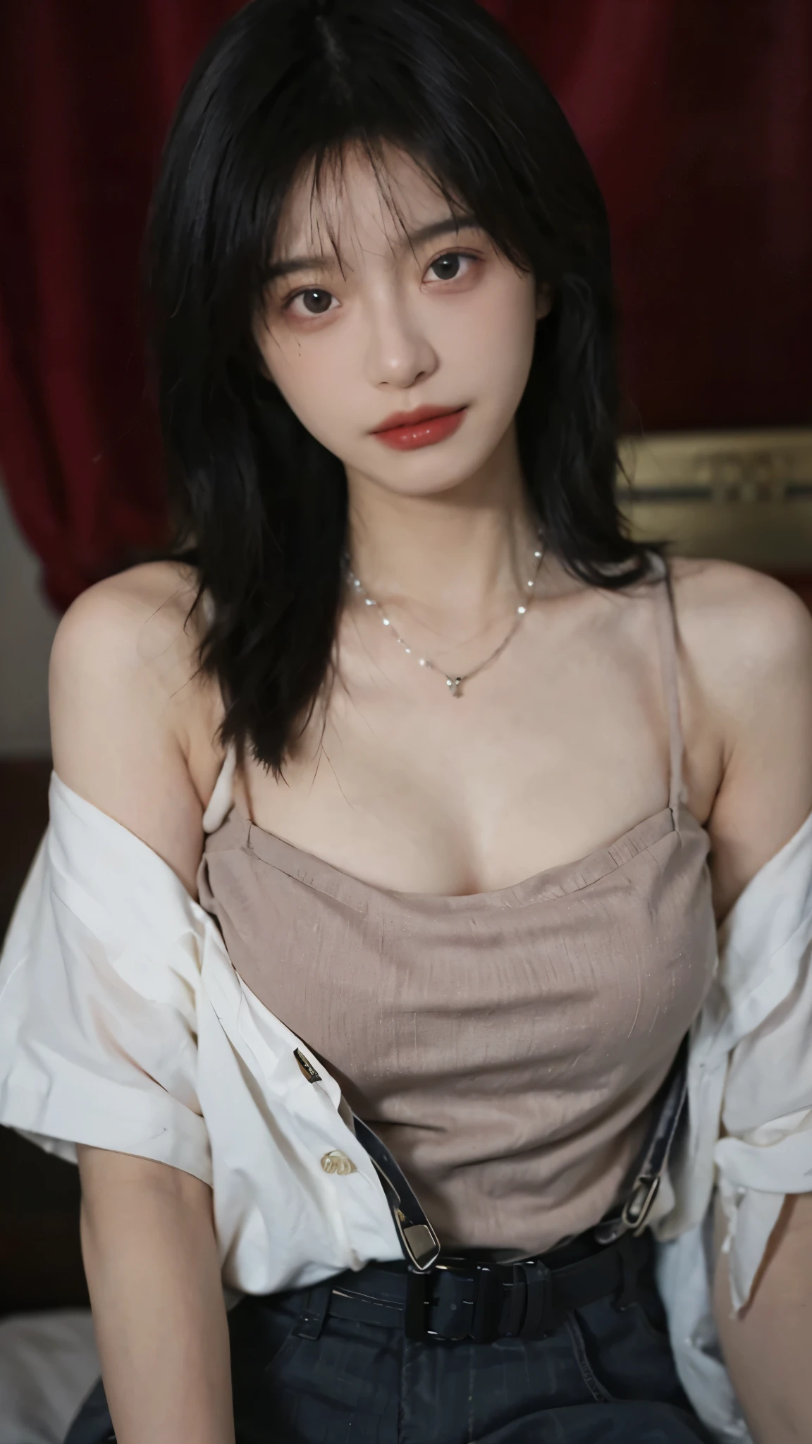 Film portrait photography, 2 girls, Bare shoulders,Lipstick,(flat chest:1.4), Wear a necklace,Cute expression,Exquisite makeup,Red suspenders,serene, calm, (Realistic and detailed eyes, Natural skin texture, Realistic facial details), Big breasts:1.6,Big Breasts,Soft dramatic lighting, Depth of Field, Bokeh, Vibrant details, Detailed and detailed, Surreal, 35mm film, hazy, ,