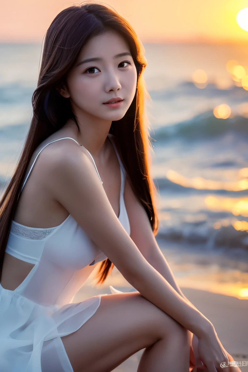 Create a high-quality, hyper-realistic portrait of a very beautiful Japanese idol. She is wearing a clean white summer dress and is squatting on the beach during sunset at sea. The deep indigo of the night sky contrasts with the last vestiges of crimson near the horizon, with swaying waves in the background. The girl has semi-long hair and a slender body with small breasts. The photo should capture her with detailed eyes, a detailed face, and a beautiful, sophisticated nose. The image should have a realistic, delicate, and finely detailed quality, suitable for a fashion magazine cover. Use cinema lighting and soft light to enhance her features. Ensure the photo is of the highest quality, with a resolution of 8K, making it perfect for a 2K wallpaper.