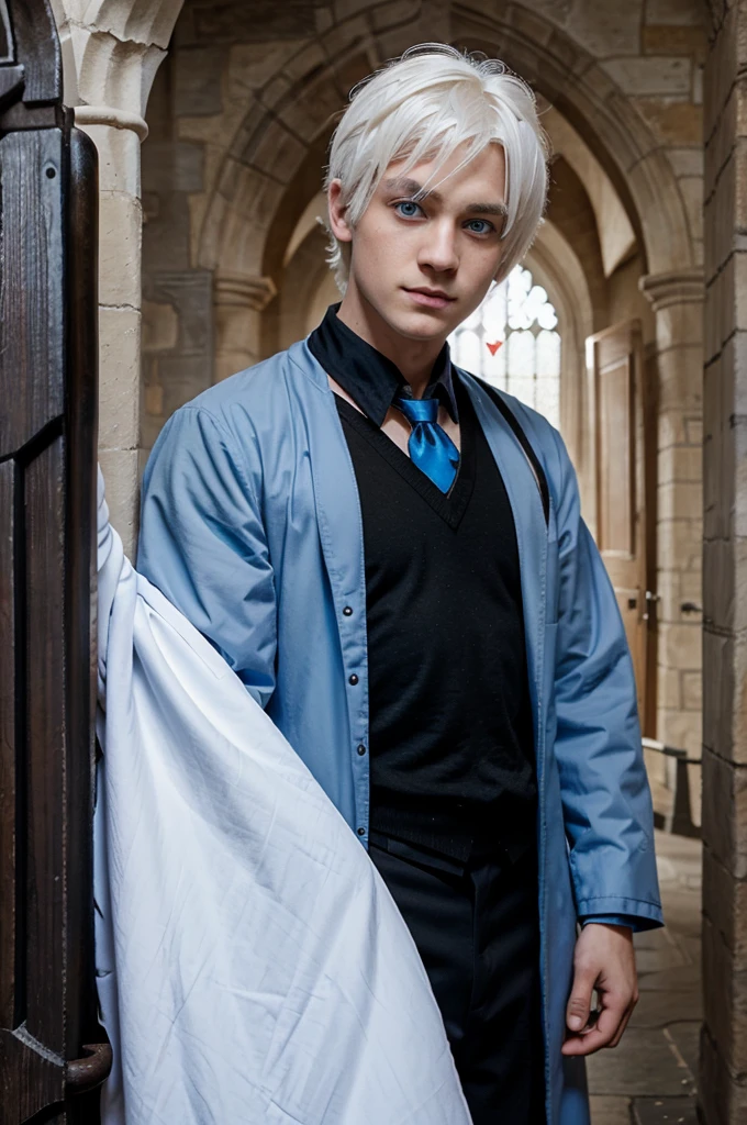 boy, white hair, blue eyes, Hogwarts black uniform, cartoon
