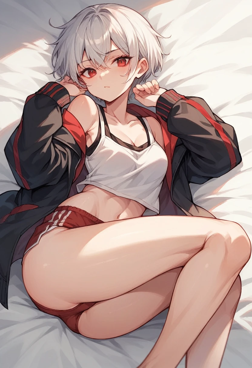 Japanese girl White short hair Red eyes Red underwear Black jacket