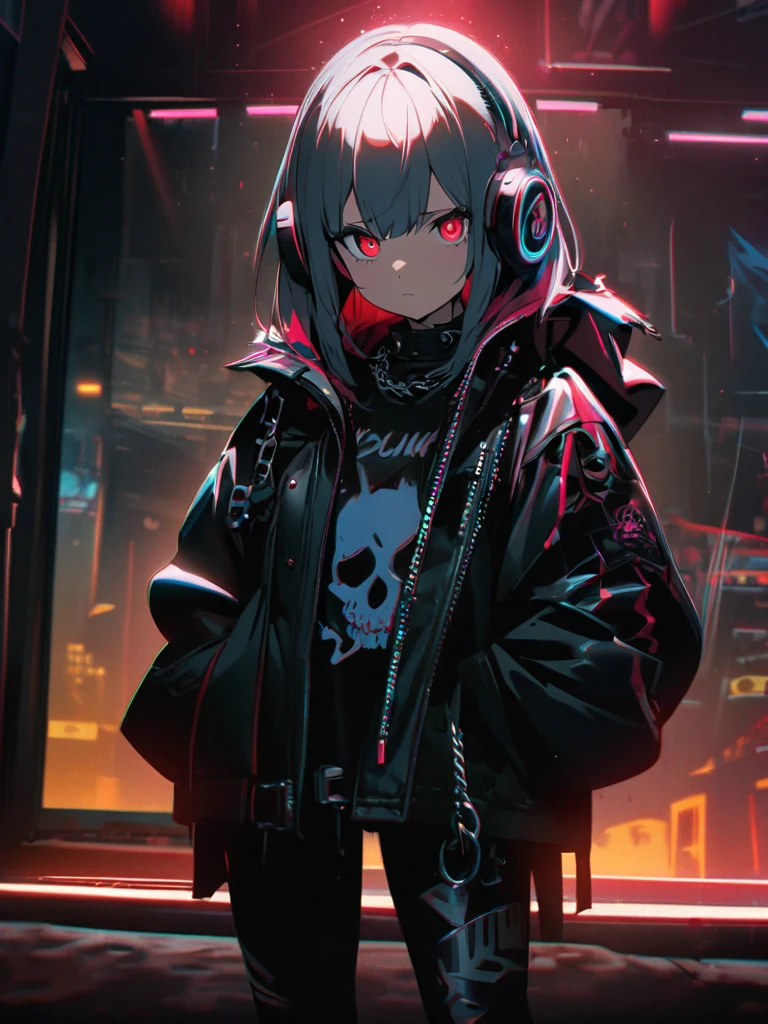 1 Girl, chromatic aberration, Written boundary depth, Soft Light, masterpiece, Highest quality, complicated, Tone Mapping, Very deしっぽed, Art Station, Concept Art, Smooth, Clear focus, Dramatic lighting, Very deしっぽed artwork, movie, super practical painting, Art Station's trending, 8K, Incredible Shadows, practical, (Very deしっぽed background:1.0), whole body, View, Viewers, Very deしっぽed portrait of one girl 1, standing on street corner, Heavy rain and lightning、Dark Sky, neon and cyber punk background, she is dressed in punk clothing with silver chains and silver spikes, Her hair was dyed a bright black color.,The middle part is black, She wears headphones, Deしっぽed red eyes with clear pupils, Ominous aura of light, Sad face, punk, ciber punk, Backlight.No knowledge of horses'
