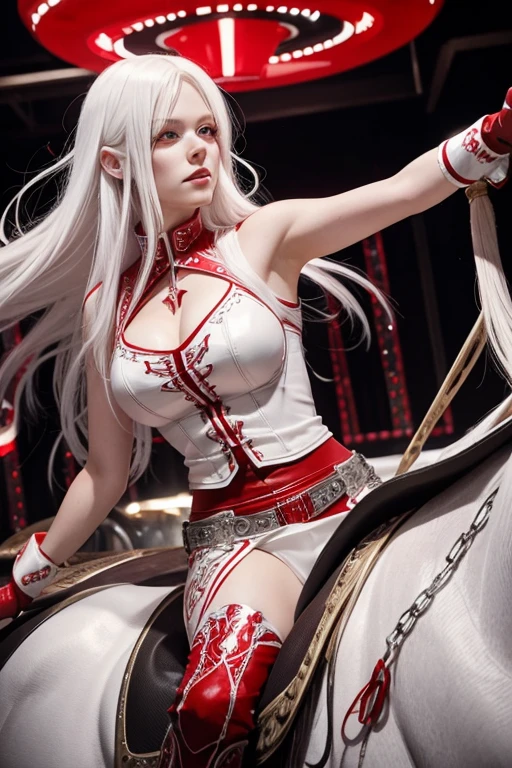 Tall 30 year old albino woman, with red eyes and long white hair, wearing a red and silver cowgirl outfit with disco lights in the background Riding a mechanical bull, raising one hand anime style