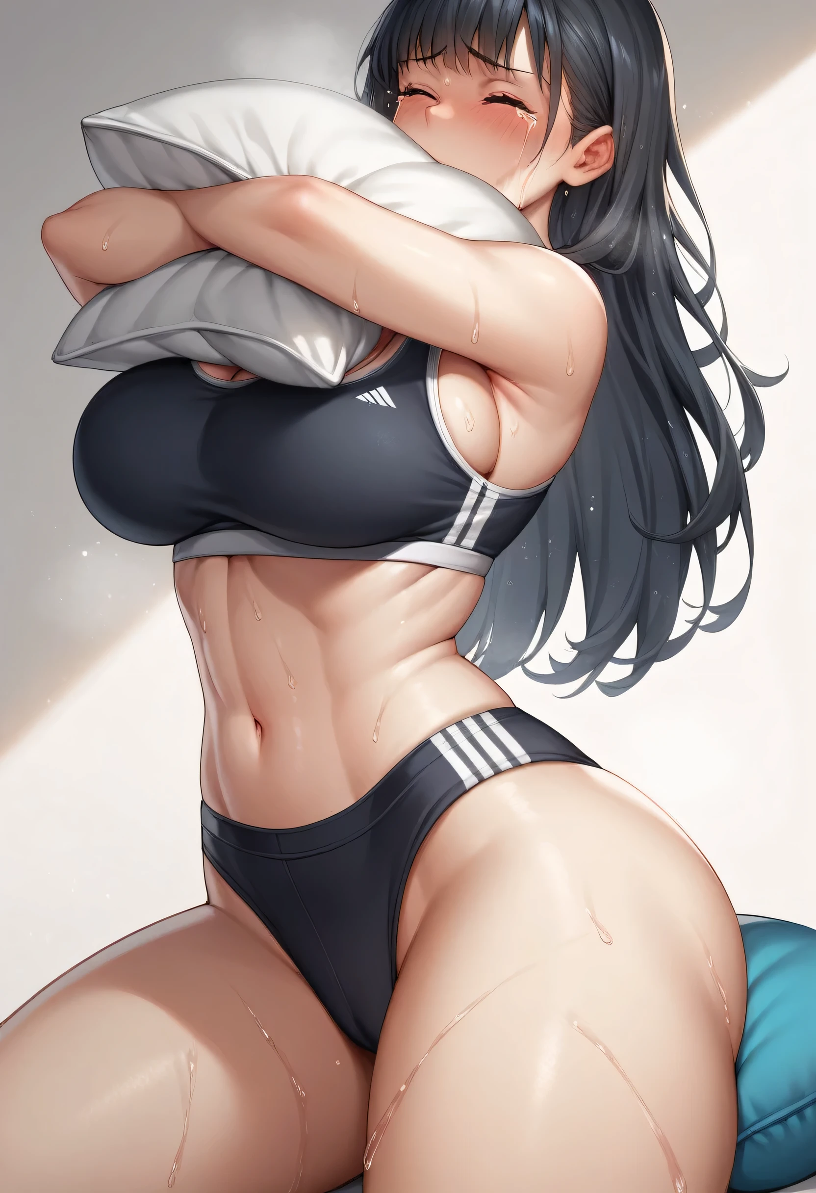 Girl with big breast wearing tight sports bra with angry and shy expression, big thighs, sexy, wearing sports bra, shy, hot, humping the pillow, riding in the pillow, sitting in the pillow, embarrassed, big breast, shy expression, tight sports bra,t, in pain, she is super in pain, dynamic shot, dynamic pose,sweaty, big thighs, horny face, horny, closed eyes, crying, dynamic shot, close up shot, foreshortening shot, she is touching her belly, she is grabbing her butt, she is trying hard, she is naked, she is holding her pee, she is wet, big butt, she is holding pillow hard, she is giving birth, long hair, black hair, bangs, no mouth