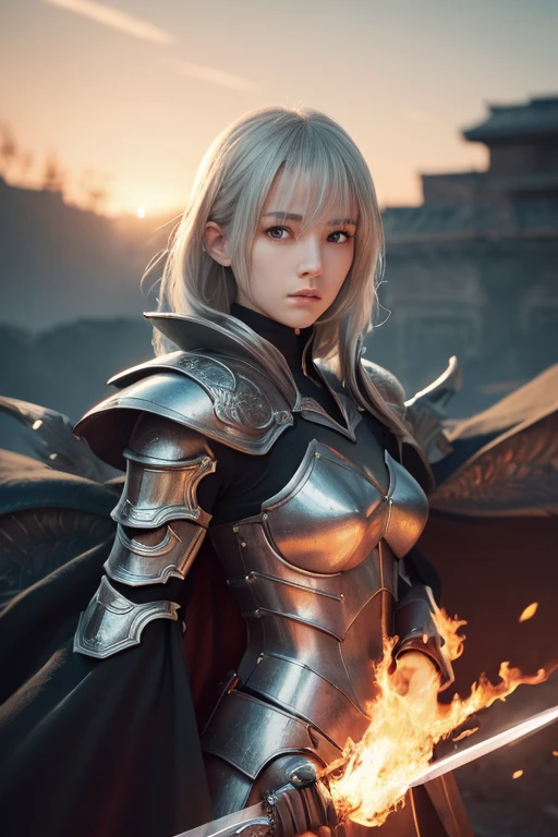 ((super fine illustration, 8k, Masterpiece :1.2, Sharp focus :1.2, depth of field:1.2)), Beautiful swordswoman, absurdity, Highly detailed face and skin texture, silver hair, jet-black armor, flame armor, cloak wrapped in flames, sword wrapped in flames, flame wings, determination to overcome sorrow, A sign of determination in your gentle eyes , strong soul