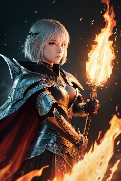 ((super fine illustration, 8k, Masterpiece :1.2, Sharp focus :1.2, depth of field:1.2)), Beautiful swordswoman, absurdity, Highly detailed face and skin texture, silver hair, jet-black armor, flame armor, cloak wrapped in flames, sword wrapped in flames, flame wings, determination to overcome sorrow, A sign of determination in your gentle eyes , strong soul