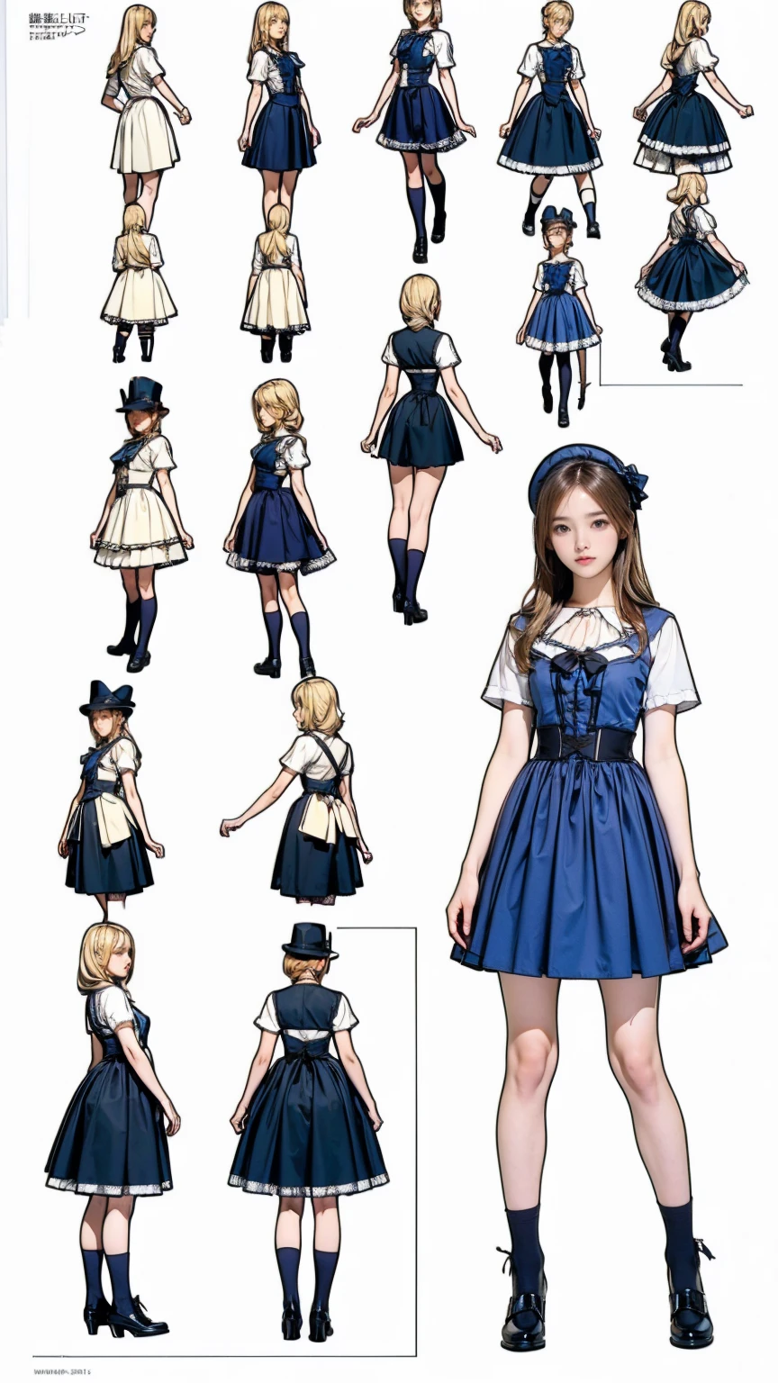 ((masterpiece)),(((Highest quality))),((Character design sheet)),Thin thighs,Long legs,whole body:1.5，Blonde fluffy long hair、blue eyes、white、 beautiful girl、Young girl、Black Lolita Fashion