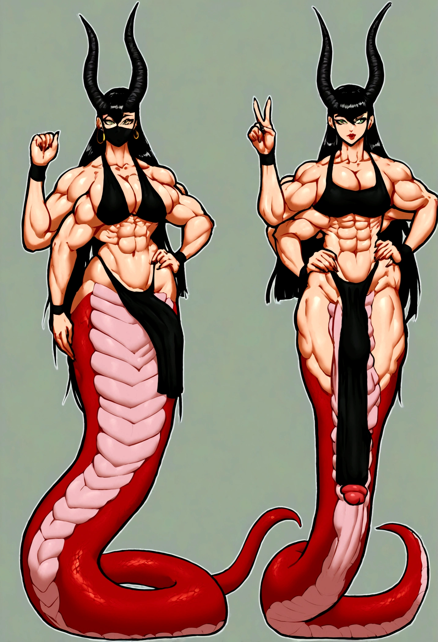 Lamia femboy, long cleopatra hair, dragon horns, gigantic muscular body, gigantic penis, big breasts, black ninja mask, 4 arms, full body.
