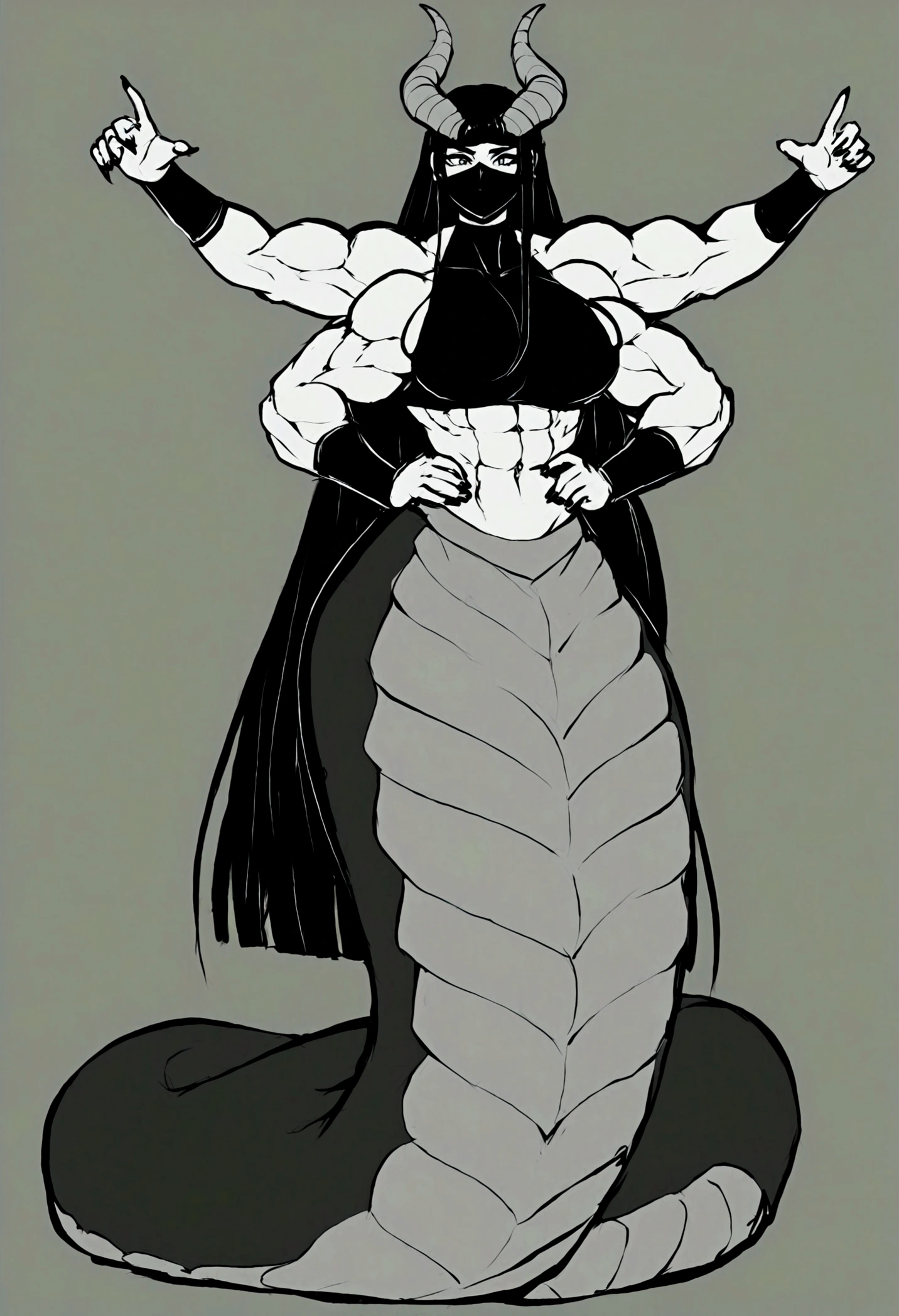 Lamia femboy, long cleopatra hair, dragon horns, gigantic muscular body, gigantic penis, big breasts, black ninja mask, 4 arms, full body.