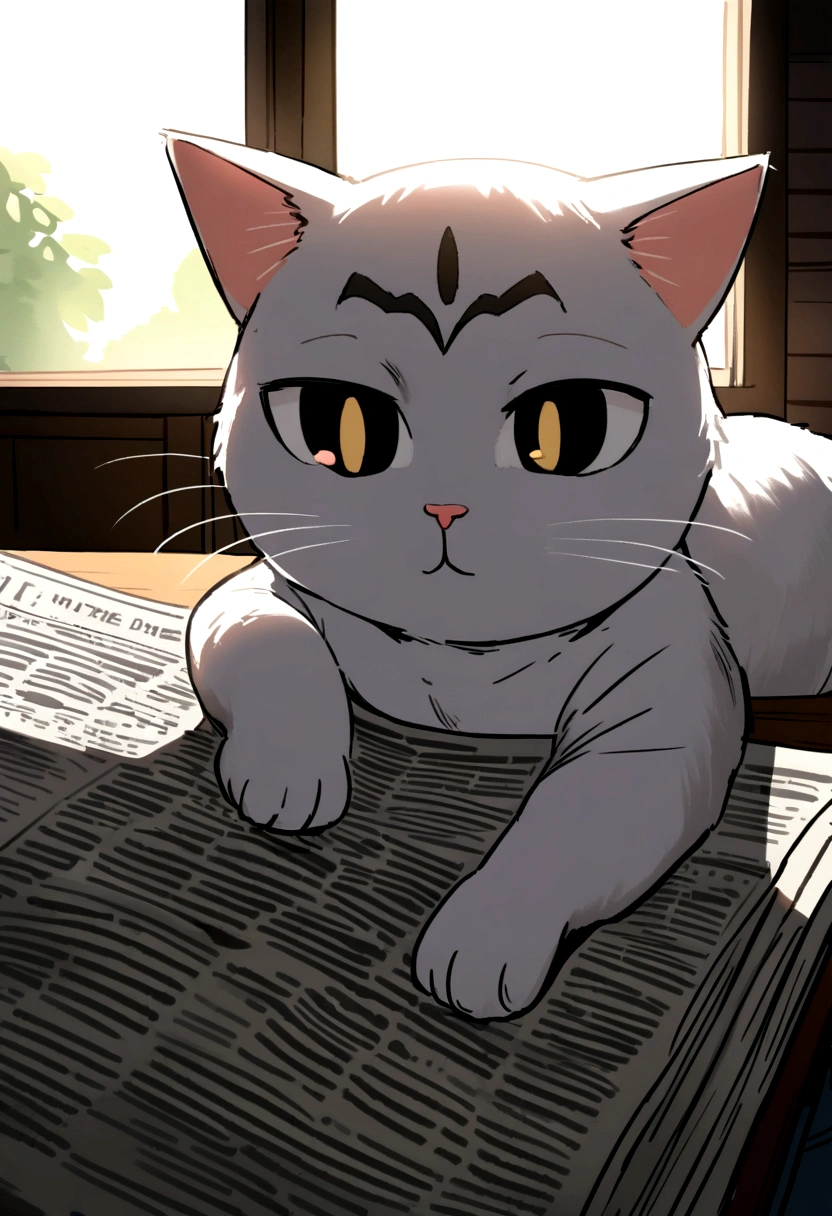 A cute cat with round eyes,read the newspaper, Sunlight outside the window、I stare at the mask on the desk.