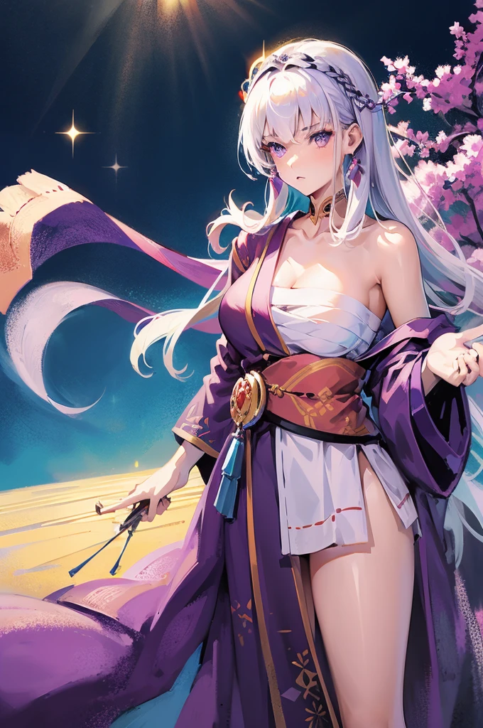 (masterpiece, Highest quality, Dutch Angle)(One girl, alone)(Gray Hair,Purple eyes,Straight Long Hair)(sarashi,kimono,One Shoulder、Wear one kimono:1.4、One shoulder exposed)(Serious expression, Woman with a sword:1.3、Floating Hair)(Cherry tree、dead tree、Mystical Night、Particles of light float around the woman、Space for fantasy)