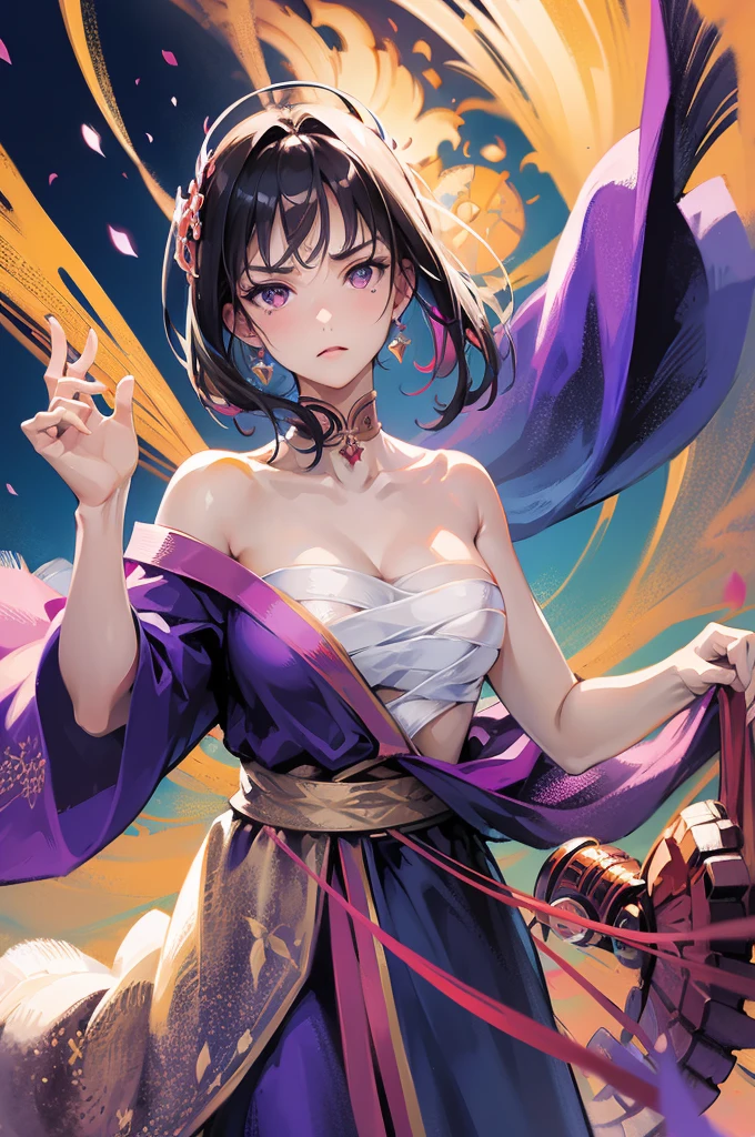 (masterpiece, Highest quality, Dutch Angle)(One girl, alone)(Gray Hair,Purple eyes,Straight Long Hair)(sarashi,kimono,One Shoulder、Wear one kimono:1.4、One shoulder exposed)(Serious expression, Woman with a sword:1.3、Floating Hair)(Cherry tree、dead tree、Mystical Night、Particles of light float around the woman、Space for fantasy)