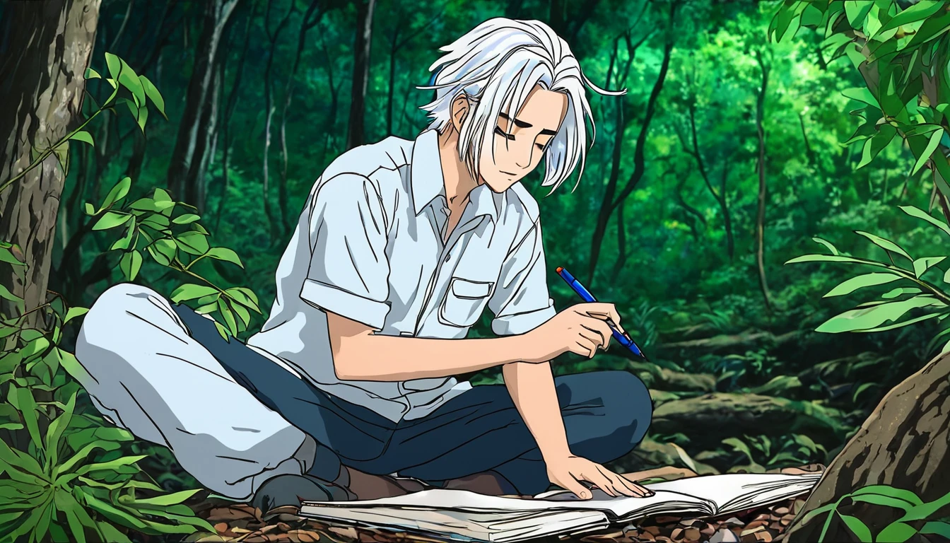 Young white hair stylist boy ayush(anime style) Ayush continued to concentrate intensely on calming the figure in the picture, but suddenly, the scene around him began to transform rapidly. The lines and colors of the drawing became vivid and lifelike. He felt as if he had stepped into the very forest he was sketching. Startled, he closed his eyes in fear, then opened them quickly, expecting to find himself still surrounded by the wild scene. However, when he looked around, everything was back to normal in his room. The once lively atmosphere of the animal-filled picture on the wall had returned to its usual calm state ( horror anime style)