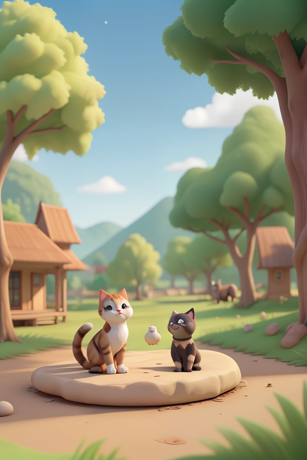 
The cat and the dog are in the middle of this landscape, playing happily, radiating joy and companionship, perfectly integrated into the natural beauty and tranquility of the small town.