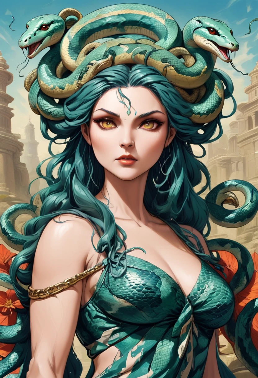 close-up of a painting of a woman with a snake on her head, goddess portrait осьминога, Portrait of Medusa, goddess portrait, Portrait of the Scorpion Goddess, Portraiture of Medusa, goddess portrait, goddess portrait крупным планом, portrait of a beautiful goddess, a stunning goddess portrait, Beautiful female gorgon, Cheats Vata