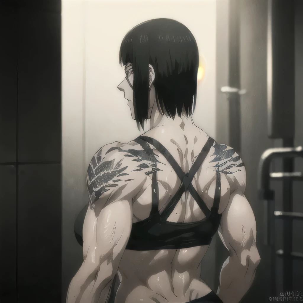 (best quality,ultra-detailed,realistic:1.37),musclaur badass girl with sculpted body with preview her musclaur body and six-pack,full review of the female character face and body, intense expression,studio lighting, vivid colors, physiologically-based rendering, grungy texture, rugged background, dust particles in the air, commanding presence,professional,powerful, gritty aesthetics,Valmet،short hair،tattoos on shoulders,Shining muscles,bathroom,eyepatch,from behind,abs,wet,white skin,fixing graphics,back muscles,back review,from behind,tattoos on shoulders,review Upper,wearing tank top and black sport short
