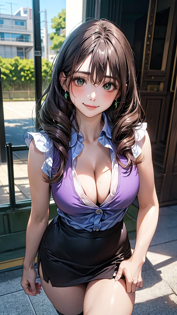 (masterpiece:1.2, Highest quality), (Realistic, photoRealistic:1.4), Beautiful illustrations, (Natural Side Lighting, Cinema Lighting),
View your audience, Cowboy Shot, Front view:0.6, 1 Girl, Japanese, high school girl, Perfect Face, Cute and symmetrical face, Shiny skin,
(Long Hair:1.8, Drill Hair:1.7, Dark brown hair), Hair between the eyes, Emerald green eyes, Long eyelashes, (Large Breasts:0.9, Thick thighs),
Beautiful Hair, Beautiful Face, Beautiful attention to detail, Beautiful clavicle, Beautiful body, Beautiful breasts, Beautiful thighs, Beautiful legs, Beautiful fingers,
((Light purple sleeveless collared shirt, Cleavage, Black tight mini skirt, High heels)), Pink Panties,
(Beautiful views), evening, Riverside, walking, Please place your hand on your chest, (Cute Smile, Upward glance),