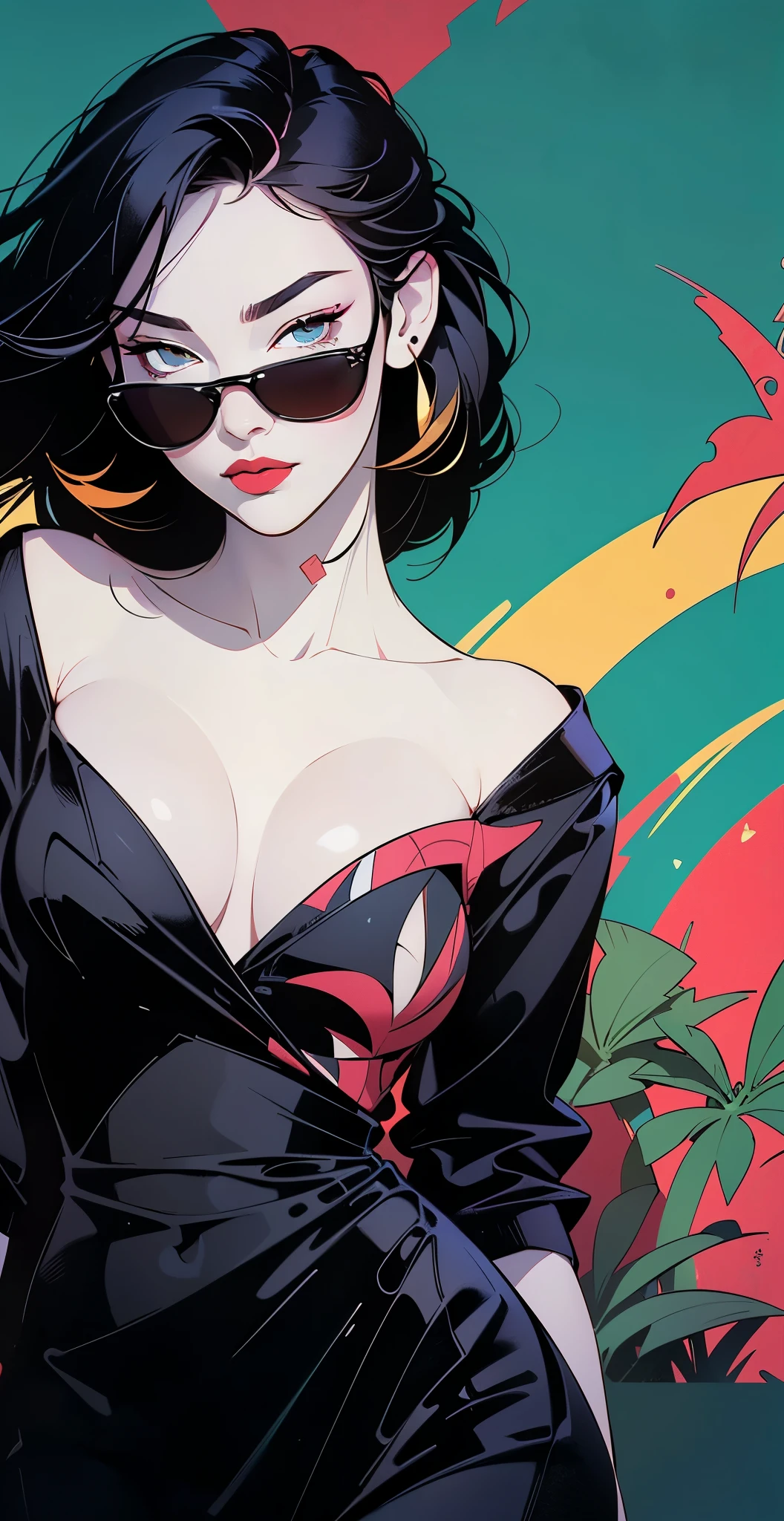 woman in a dress standing in front of simple background, up close, ((Art style by Patrick Nagel)), ((8k, wallpaper, detailed)), dark sunglasses, korean pop-star, black hair, pretty hands, fringe, simple red background, palm trees, (graffiti wall:1.2), strong, courageous, art by Patrick Nagel, album art cover