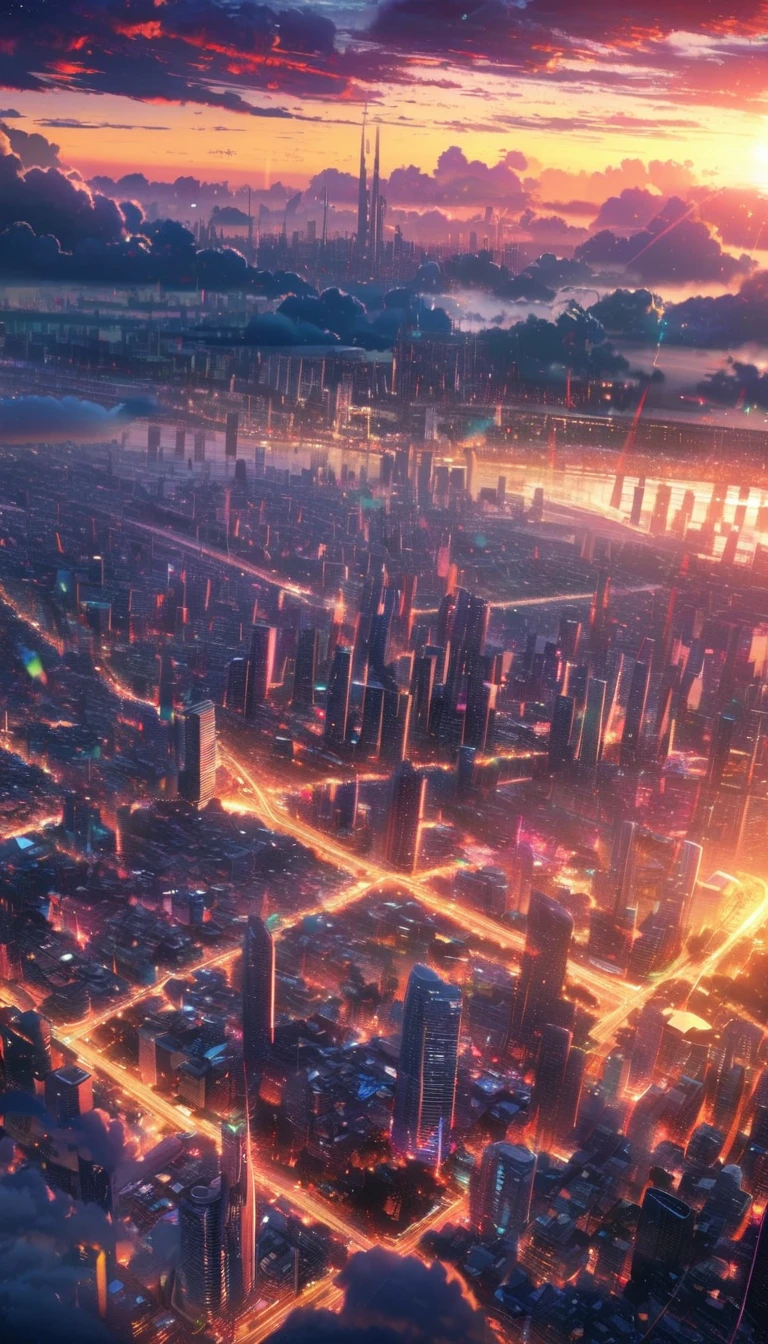 scenery, Super detailed, Very delicate, sunrise, bright, after the rain, horizon, In the sky, city, Skyscraper , Lens flare, colorful, High resolution, 8K