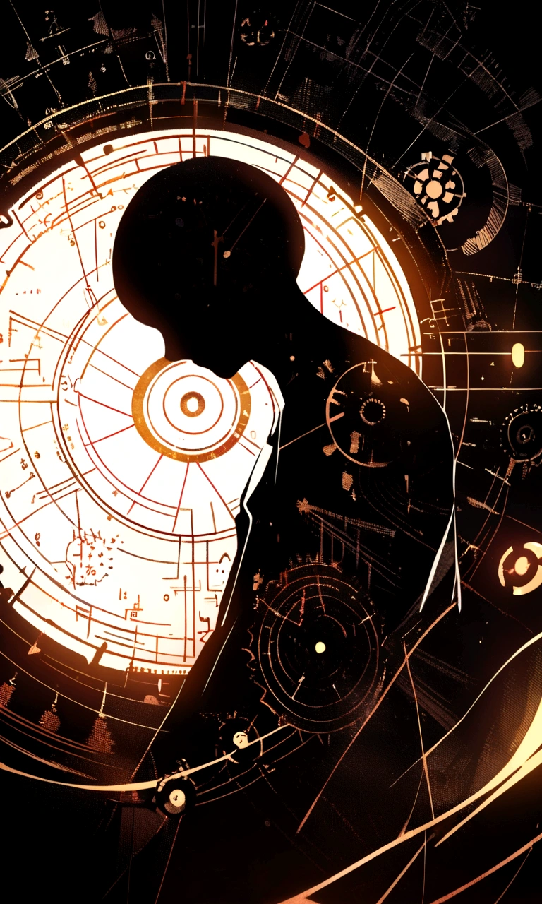 A silhouette of a figure in a contemplative pose, surrounded by engineering symbols like gears, circuit lines, and mathematical equations.
