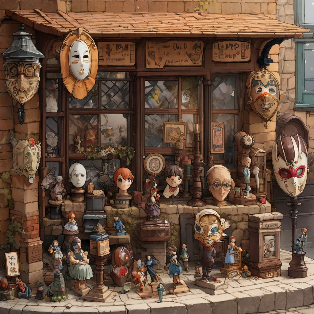 ((anime:1.4,figure)),(masterpiece, Highest quality, Highest quality),(Super detailed, The absolute solution),((16K, High resolution)), (((Retro townscape, Depicting the nostalgic streetscape of the 1950s, Characterized by cobblestone streets and vintage buildings, The architecture includes a brick and stone facade., A mask shop decorated with signs and show windows symbolizing the era, Elements like old-fashioned lampposts, ))), ((anime:1.4, figure)),(masterpiece, Highest quality, Highest quality),(Super detailed, The absolute solution),((16K, High resolution)) break {Lofi Art, Laurie Griesley's style, Makoto Shinkai's Style, anime aesthetic}, break { (Generates images with over 40 million pixels of information with the detailed texture of films shot with Sony SLR cameras。).}