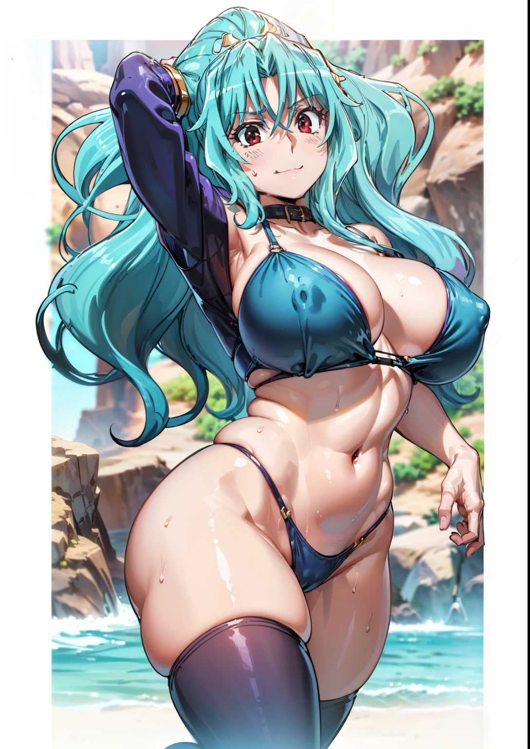 (Masterpiece, High Quality, Top quality, High-Detailed, Detailed CG, Cinematic Shadow, Cinematic Scene, Beautiful Detailed Eyes, Ultra Resolution, Depth of Field), (Full Body View), (Full Body Shot), (Erotic Suggestiveness:1.5), (NSFW:1.2), Looking At The Audience, (Blush Expression:1.2), (Smiling Expression:1.2), (Erotic Expression:1.0), Red Eye, Blue Hair, Five Fingers, Good Composition, (Swimsuit:1.5), (Blue Swimsuit:1.2), Thicc Thighs, Thick, Huge Breasts, Body Sweating, (Depth of Fields, Blurry Background)