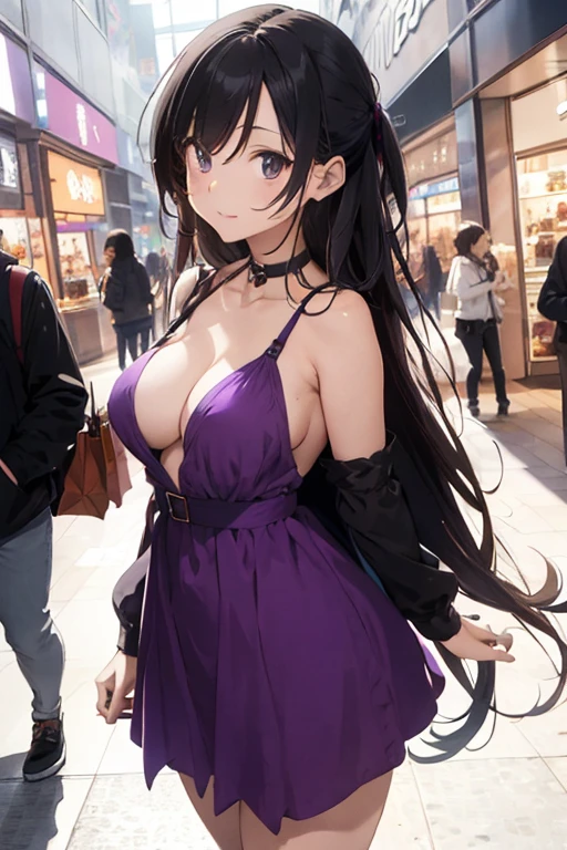 Create a 24-year-old anime girl with a plunging neckline in a purple dress in a shopping mall landscape with a face of love.