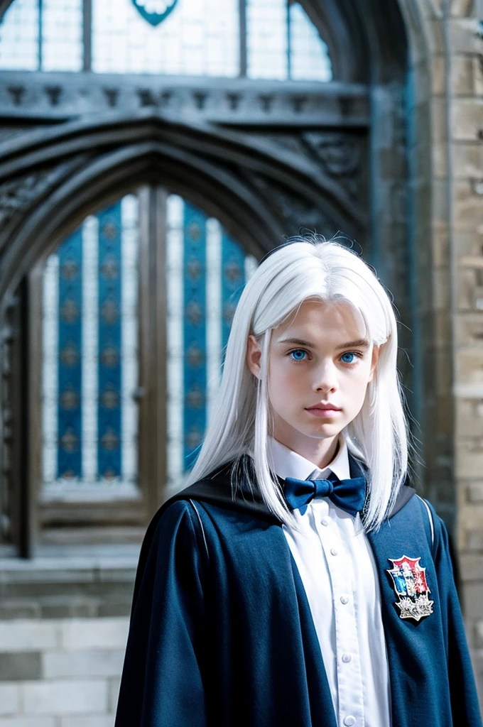 boy,white hair,blue eyes, Hogwarts black uniform