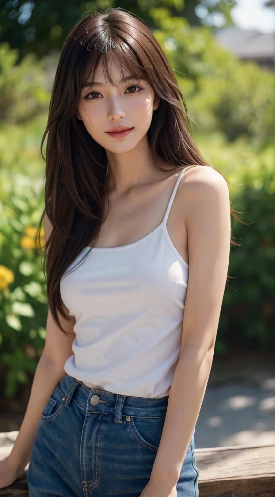 masutepiece, The highest image quality, High quality, Beautiful woman, Japanese, Detailed, Detailed eyes, Detailed skin, Beautiful skin, Ultra High Resolution, (reality: 1.4),Very beautiful, Slightly younger face, Beautiful skin, slender, (A hyper-realistic), (hight resolution), (8K), (Very detailed) (beautifully detailed eyes), (super detailed), T-shirt, Pants, (Wallpaper), (Detailed face), Looking at Viewer, Fine details, Detailed face, Smiling, Looking straight ahead, Looking straight ahead, angle from waist up, photos realistic, Bright lighting, Professional Lighting, Mature Woman, Brown hair, Shoulder-length straight hair swaying in the wind, long stylish bangs,