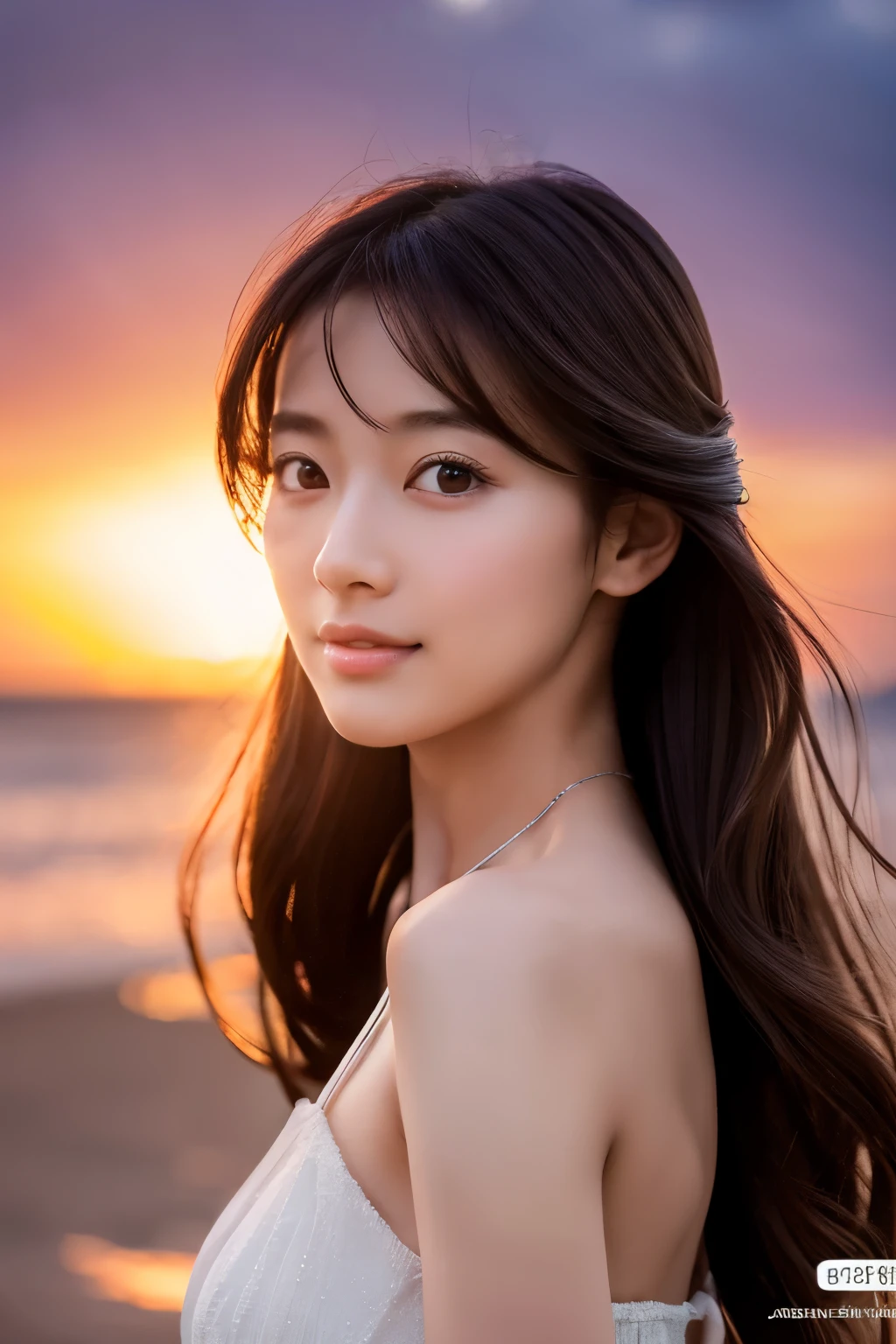 Create a high-quality, hyper-realistic portrait of a very beautiful Japanese idol. She is wearing a clean white summer dress and is squatting on the beach during sunset at sea. The deep indigo of the night sky contrasts with the last vestiges of crimson near the horizon, with swaying waves in the background. The girl has semi-long hair and a slender body with small breasts. The photo should capture her with detailed eyes, a detailed face, and a beautiful, sophisticated nose. The image should have a realistic, delicate, and finely detailed quality, suitable for a fashion magazine cover. Use cinema lighting and soft light to enhance her features. Ensure the photo is of the highest quality, with a resolution of 8K, making it perfect for a 2K wallpaper.