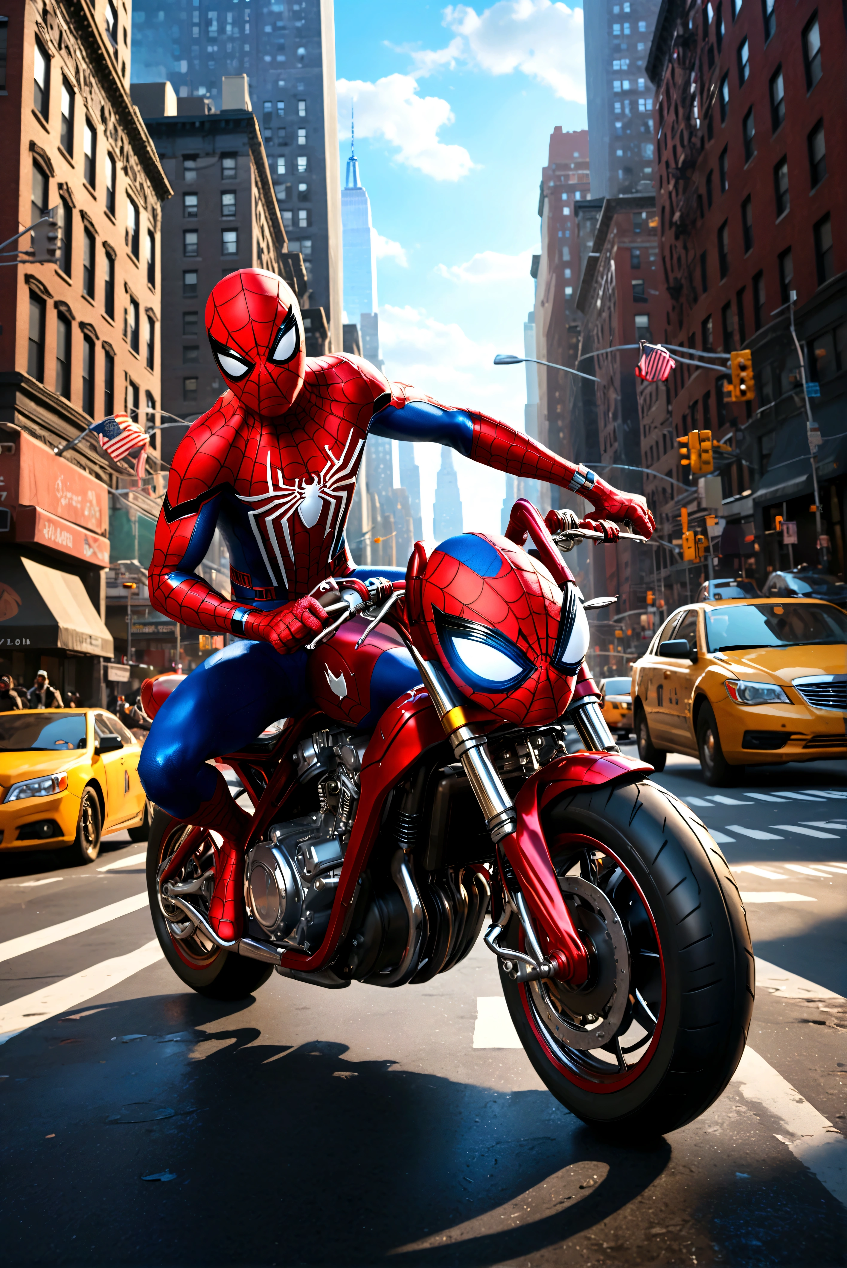 a detailed photo of spider-man riding a spider-man themed motorcycle on the streets of new york city, dynamic action pose, dramatic lighting, cinematic angle, highly detailed, intricate mechanical details, realistic rendering, digital art, concept art
